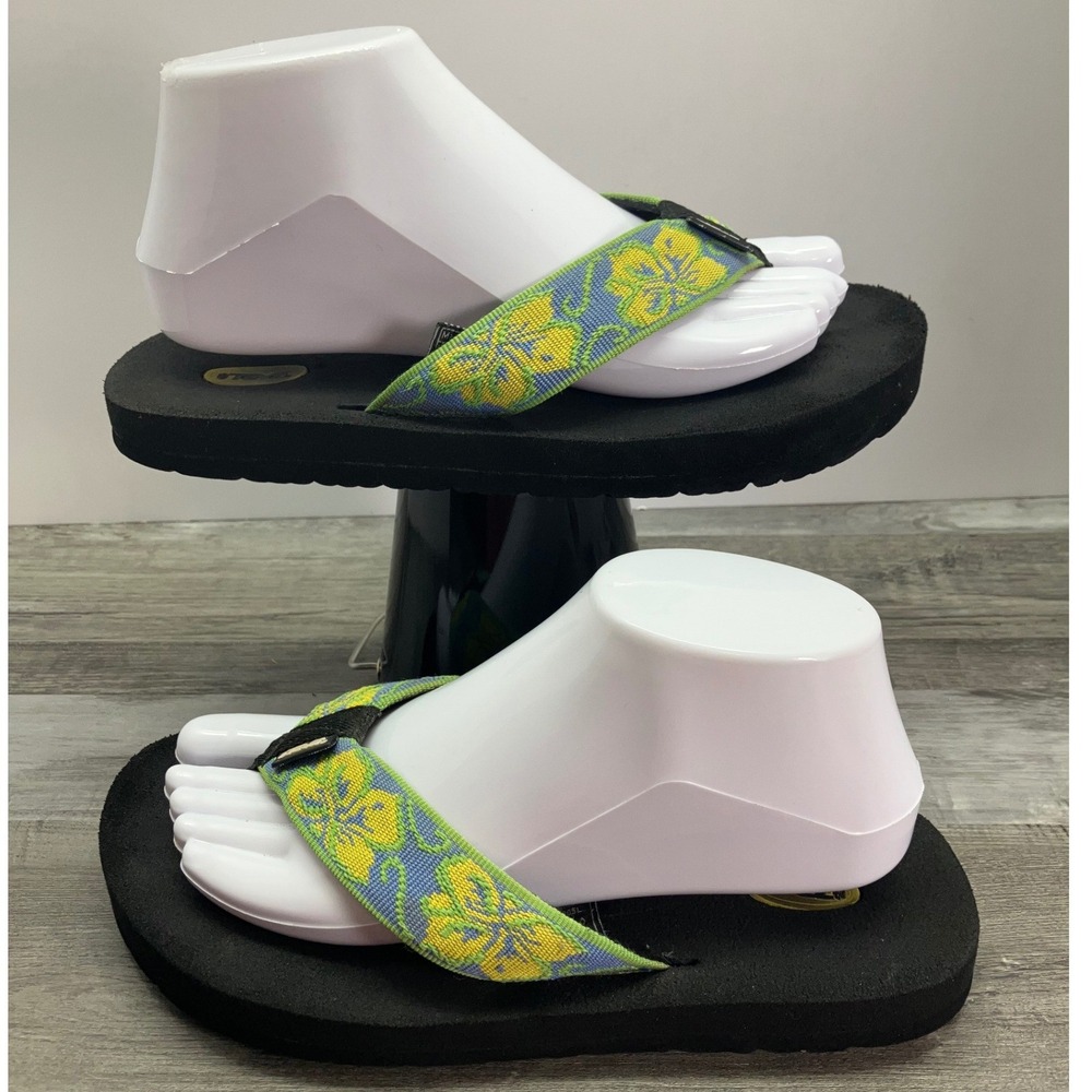Teva Mush Women 8 Flip Flops Tropical Floral Yellow Blue Black Sandals 6103L